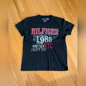 Tommy Hilfiger Black Short Sleeve Graphic Tee with Red and White Print